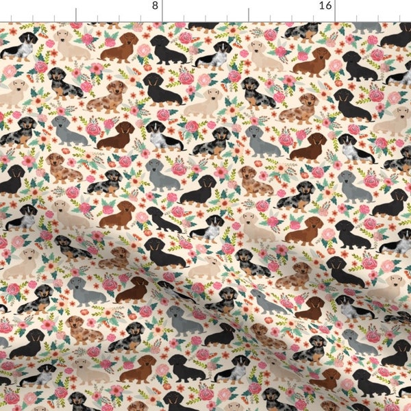 Floral Dachshund Fabric - Dachshund Floral Vintage Flowers Doxie Dog Dachshunds By Petfriendly - Cotton Fabric By The Yard With Spoonflower