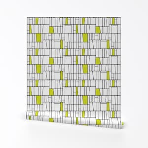 Papier peint amovible avec blocs de couleur chartreuse - Rayures noires et blanches à rayures vert citron - Art mural - Décoration murale - Carrelage inclinable