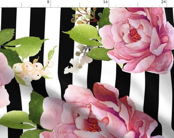 Roses Fabric - 35" Light Pink Sunrise / Black White By Shopcabin - Roses Vertical Stripe Black Cotton Fabric By The Yard With Spoonflower