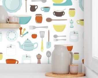Vintage Kitchen Wallpaper - My Vintage Kitchen By Calobeedoodles- Retro Custom Printed Removable Self Adhesive Wallpaper Roll by Spoonflower
