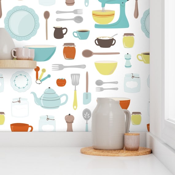 Vintage Kitchen Wallpaper - My Vintage Kitchen By Calobeedoodles- Retro Custom Printed Removable Self Adhesive Wallpaper Roll by Spoonflower