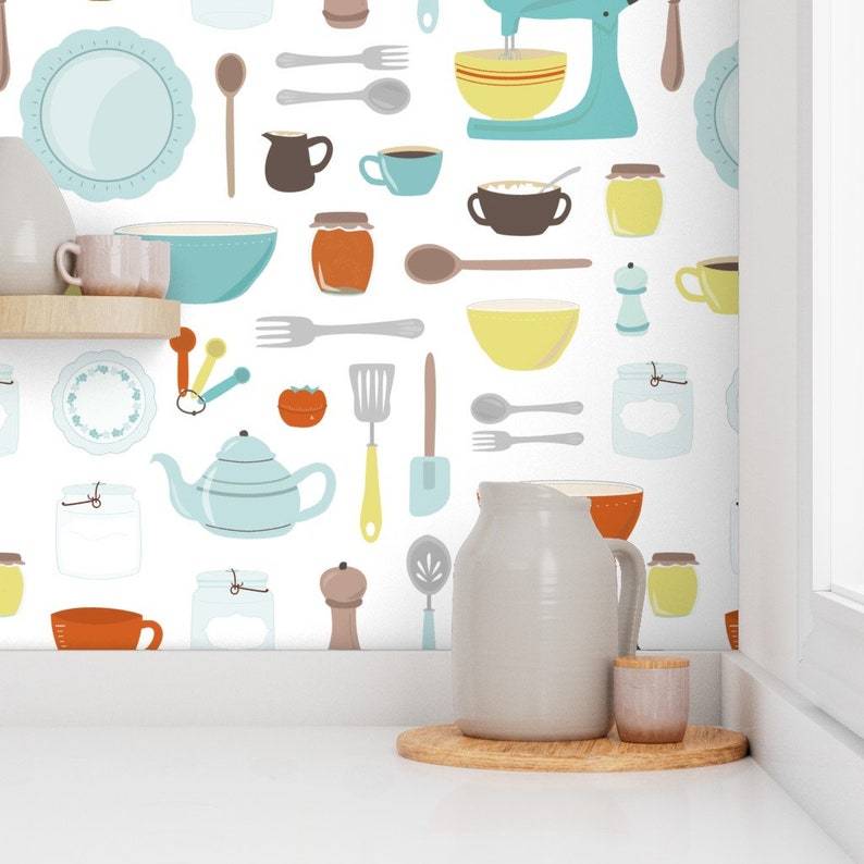 Vintage Kitchen Wallpaper - My Vintage Kitchen By Calobeedoodles- Retro Custom Printed Removable Self Adhesive Wallpaper Roll by Spoonflower image 1