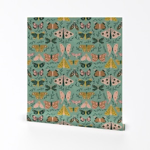 Moths Wallpaper - Fine Moths By Scarlette Soleil - Green Butterfly Kids Nature Wings Removable Self Adhesive Wallpaper Roll by Spoonflower