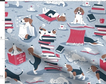 Reading Fabric - Life Is Better With Books And A Friend By Selmacardo - Blue White Red Dog Cotton Fabric By The Yard With Spoonflower