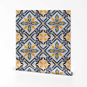 Tiles Wallpaper - Portugal In Colors! By Bymemi - Blue Orange White Decorative Home Removable Self Adhesive Wallpaper Roll by Spoonflower