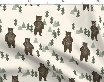 Andrea Lauren Fabric - Forest Bear Woodland Brown Cream Green Outdoors Boys Kids By Andrea Lauren Nursery Animal - Fabric With Spoonflower