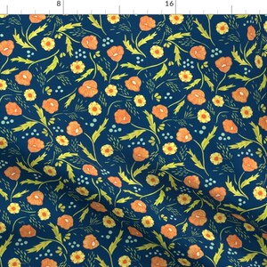 Poppies Fabric - Poppies Etc - Blue By Caleb Luke Lin - Poppies Vintage Floral Orange Navy Green Cotton Fabric By The Yard With Spoonflower