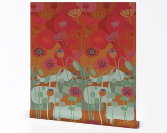 Mid Century Modern Poppies Wallpaper - Poppies Red By Wren Leyland - Custom Printed Removable Self Adhesive Wallpaper Roll by Spoonflower