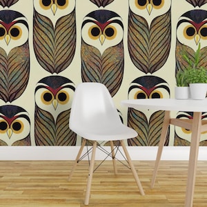 Forest Owls Peel and Stick Wallpaper - Art Deco Earth Tones Nursery Childrens Novelty Library - Removable Wall Decor Art - Owls by nickleen image 1