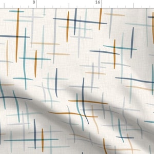May include: Abstract pattern fabric with a white background and a repeating pattern of thin, overlapping lines in shades of blue, teal, and brown.