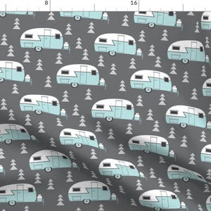 Camper Fabric - Trailer Vintage Turquoise On Charcoal By Lilcubby- Camping Caravan Outdoors Retro Cotton Fabric By The Yard With Spoonflower