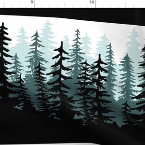 May include: A black and white silhouette of a forest with a gradient of blue and green colours. The trees are tall and slender, and the background is a white sky.