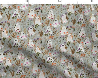 Misty Ghosts Fabric - Ghost Garden by katherine_quinn - Soft Grey Fall Botanical Floral Retro Halloween Fabric by the Yard by Spoonflower