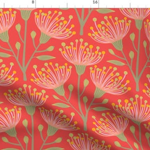 May include: A seamless pattern featuring stylised pink and yellow flowers with green stems on a red background.