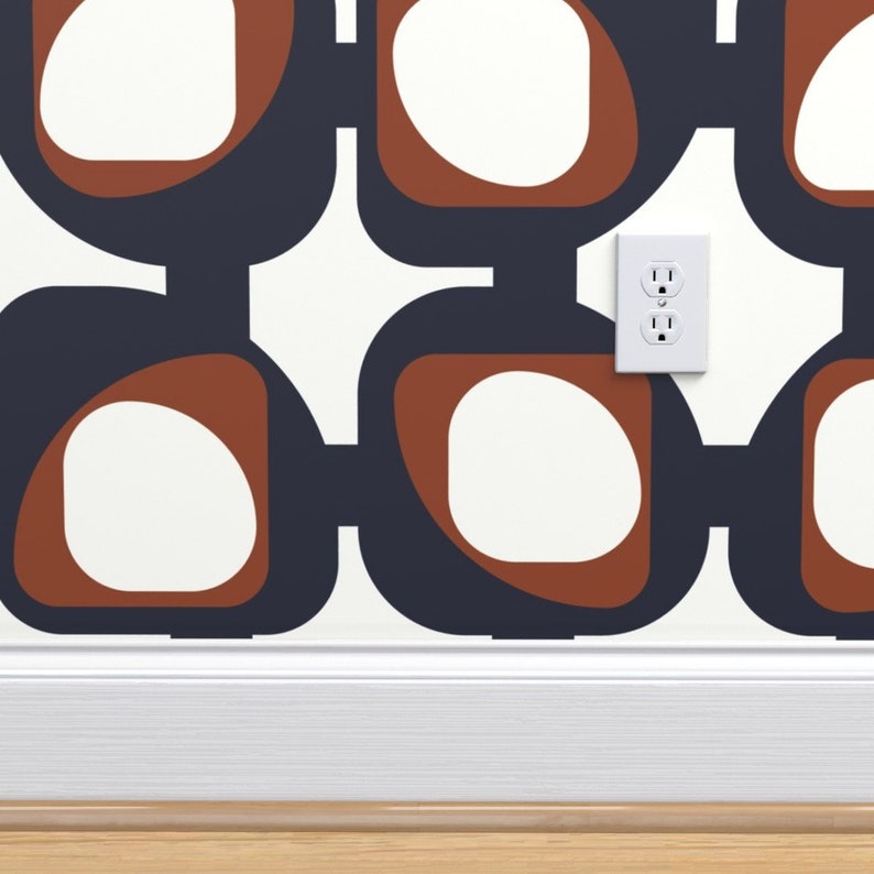Modern Wallpaper Navy and Rust by Blerta Brown Blue White Etsy