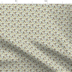 May include: A seamless pattern featuring a repeating design of brown tiki heads, green palm trees, and yellow flowers on a white background.