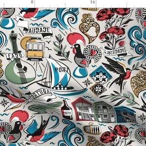 Portugal Motifs Fabric - Saudade by selmacardoso - Boats Rooster Swallow Flash Tattoos Hearts Ships Wine  Fabric by the Yard by Spoonflower