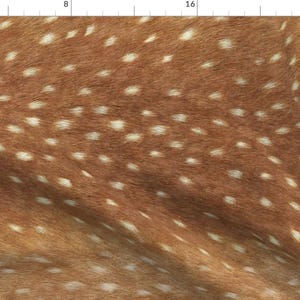 May include: Close-up of a brown and white deer hide with a spotted pattern. The hide has a soft, fuzzy texture.