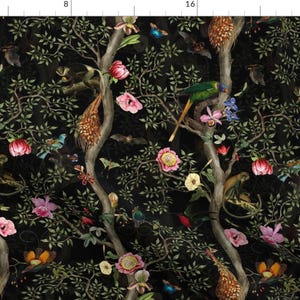 Maximalist Garden Fabric - Tropical Animals by utart - Moody Floral Chinoiserie Black Botanical Vintage Fabric by the Yard by Spoonflower