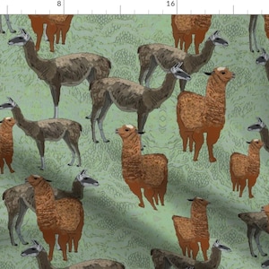 May include: A repeating pattern of llamas in shades of brown and tan against a light green background. The llamas are depicted in various poses, creating a whimsical and playful design. The background has a subtle, textured appearance.