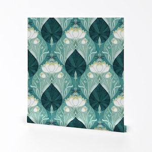 Art Nouveau Removable Peel and Stick Wallpaper - Art Deco Waterlily Teal Aqua Lily Pad - Wall Art Wall Decor - Teal Waterlily by adenaj