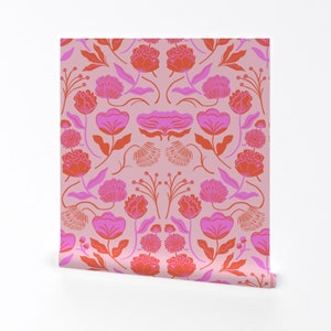 Papier peint damassé floral rose - Happy Floral lumineux par tarareed - Papier peint amovible botanique botanique rose et orange par Spoonflower