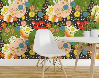 Retro Floral Wallpaper - Cosmic Flowering By Morecandyshop - Retro Custom Printed Removable Self Adhesive Wallpaper Roll by Spoonflower