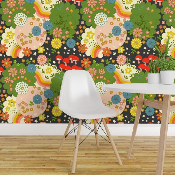 Retro Floral Wallpaper - Cosmic Flowering By Morecandyshop - Retro Custom Printed Removable Self Adhesive Wallpaper Roll by Spoonflower