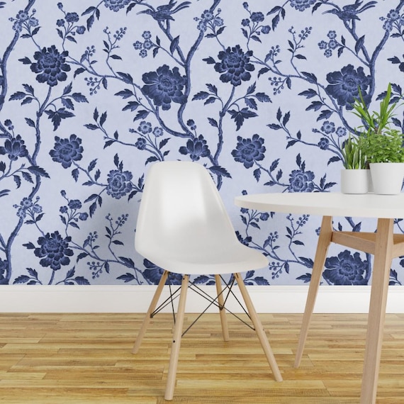 Vintage Chintz Peel and Stick Wallpaper -  Indigo Blue Romantic  - Removable Wall Decor Art - The Charm Centuries by andrea_haase_design