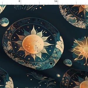Teal Fabric - Orange Celestial Sun by madmadden -  Sun Constellation Solar Celestial Night Sky Orange Sun Fabric by the Yard by Spoonflower