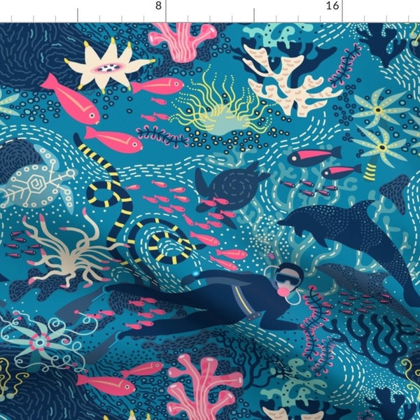 Scuba Divers Coral Reef Sports Fabric - Scuba Diving Blue Reefs Deep Sea By Boszorka - Sports Cotton Fabric By The Yard With Spoonflower