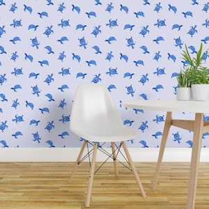 Sköldpaddatapet - Blå akvarellsköldpaddor av Katerinaizotova - Nautisk havsstrand, avtagbar självhäftande tapetrulle av Spoonflower
