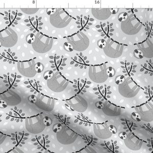 Monocrhome Grey Hanging Sloth Illustration Fabric - Hanging Sloths By Littlefoxhill - Monocrhome Cotton Fabric By The Yard With Spoonflower
