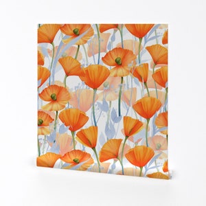 Floral Wallpaper - Poppy Meadow By Utart - Orange Flowers Botanical Custom Printed Removable Self Adhesive Wallpaper Roll by Spoonflower