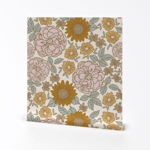May include: A seamless pattern featuring a vintage floral design with pink and yellow flowers on a cream background.