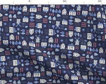 Dutch Fabric - Delft Conversational By Stacyiesthsu - Dutch Amsterdam Houses Delft Blue Cotton Fabric By The Yard With Spoonflower
