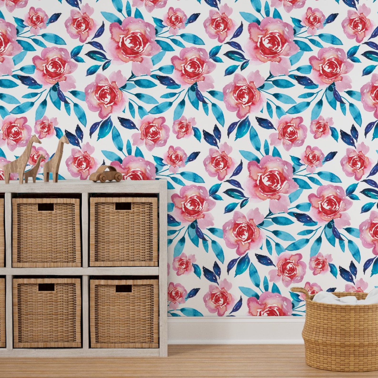 Floral Nursery Wallpaper Blush Blue Flowers by Etsy