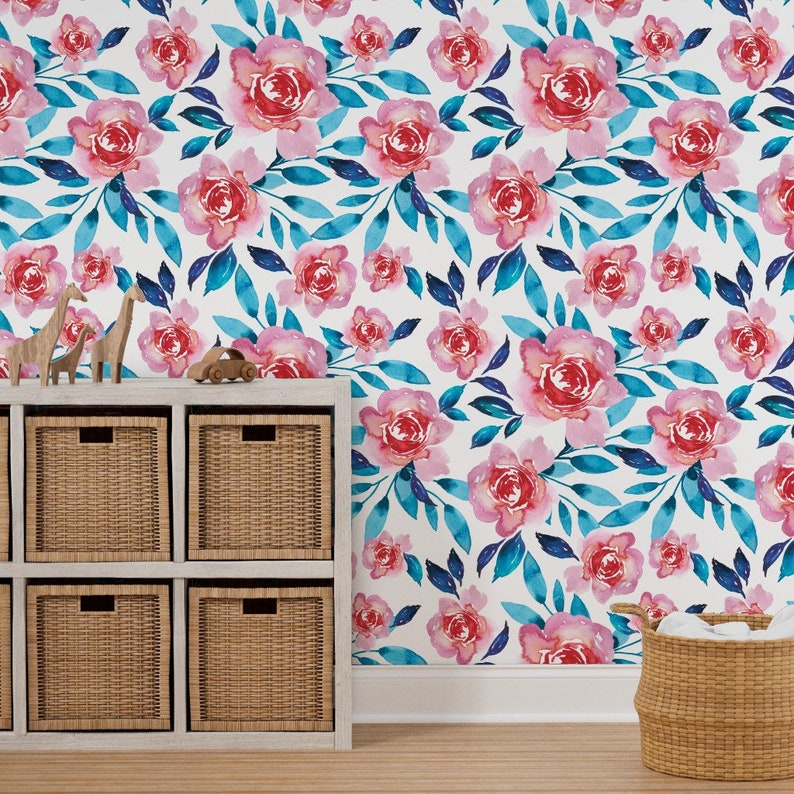 Floral Nursery Wallpaper Blush Blue Flowers by Etsy