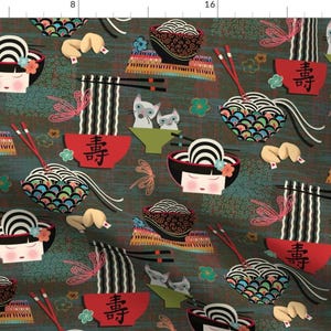 Noodles Fabric - Noodles For Longevity By Designed By Debby - Asian Noodles Fortune Cookie Cat Cotton Fabric By The Yard With Spoonflower