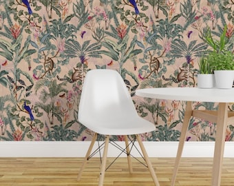 Jungle Chinoiserie Peel and Stick Wallpaper - Exotic Nature Forest Lemur  - Removable Wall Decor Art - Tropical Paradise by smokeinthewoods