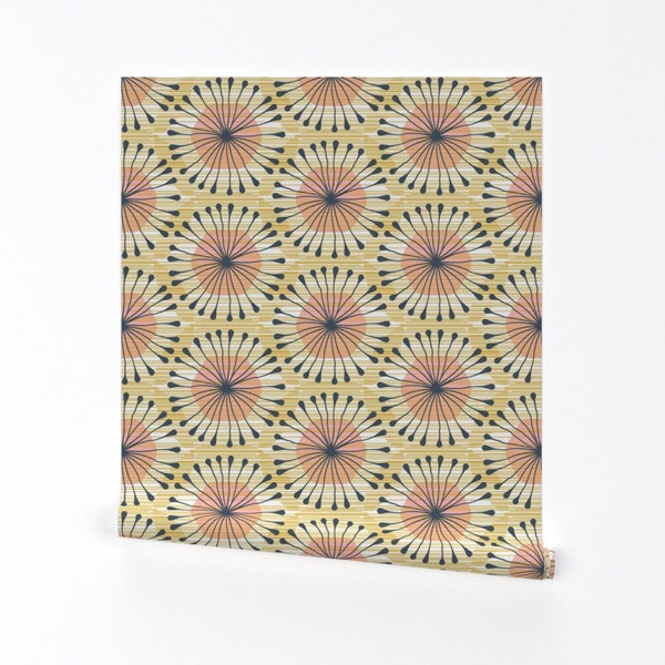 Hex Wallpaper - Hex Bloom (Mustard, Pink, Blue) By Fleabat - Hex Floral Custom Printed Removable Self Adhesive Wallpaper Roll by Spoonflower