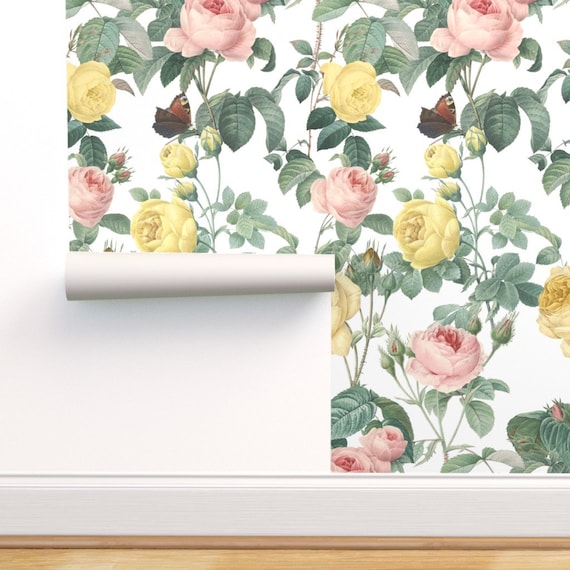 Floral Wallpaper Belles Fleurs Jolie Rayure By Peacoquettedesigns Custom Printed Removable Self Adhesive Wallpaper Roll By Spoonflower