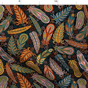 Peut inclure: Un fond noir avec un motif répétitif de plumes colorées. Les plumes sont stylisées et présentent une variété de couleurs, notamment l'orange, le jaune, le vert, le bleu et le rose. Les plumes sont disposées de manière aléatoire et se chevauchent.