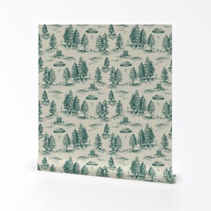 Alien Wallpaper - Small-Scale Teal Alien Abduction Toile De Jouy By Somecallmebeth - Removable Self Adhesive Wallpaper Roll by Spoonflower