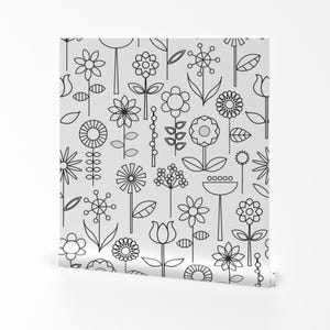 Mod Flowers 壁紙 - Katerhees による Mod Doodle Blooms - 塗り絵 カスタムプリント 取り外し可能な粘着壁紙ロール (Spoonflower 製)