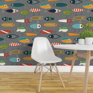 Behang kunstaas - Hooked Up By Katerhees - grijs rood blauw jongens kinderen vissen kamperen verwijderbare zelfklevende behangrol van Spoonflower