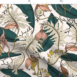 Floral Fabric - Orchid Garden Amora Large By Holli Zollinger - Leaves Flowers And Feathers Cotton Fabric By The Yard With Spoonflower