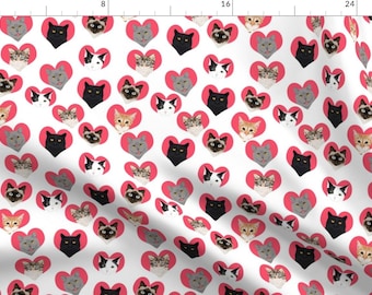 May include: A seamless pattern featuring a variety of cats in pink hearts on a white background. The cats are all different colors and breeds, and they are all looking at the camera.