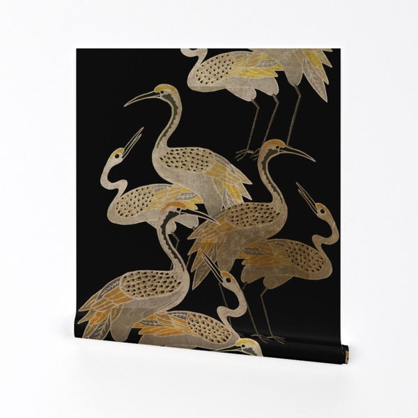 Black Wallpaper - Art Deco Cranes by shellyturnerdesigns -  Birds Deco Designer Cranes Removable Peel and Stick Wallpaper by Spoonflower