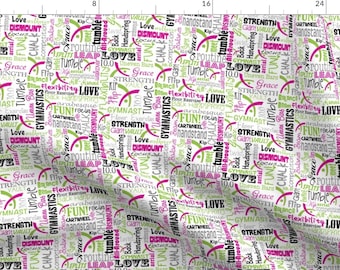 Gymnastic Fabric - Gymnastics Words Pink Green By Heathertm13- Leotard Suit Sport Girl Typography Cotton Fabric By The Yard With Spoonflower